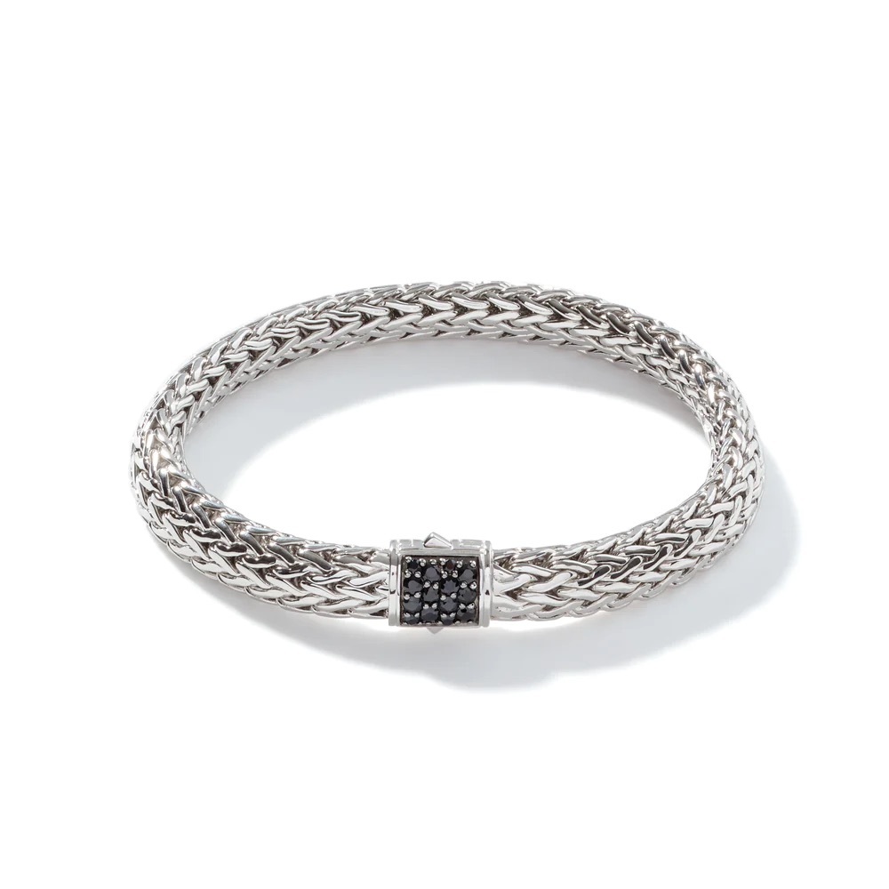 John Hardy Icon Bracelet Sterling Silver Pavé Black Sapphire 7.5 mm Size M